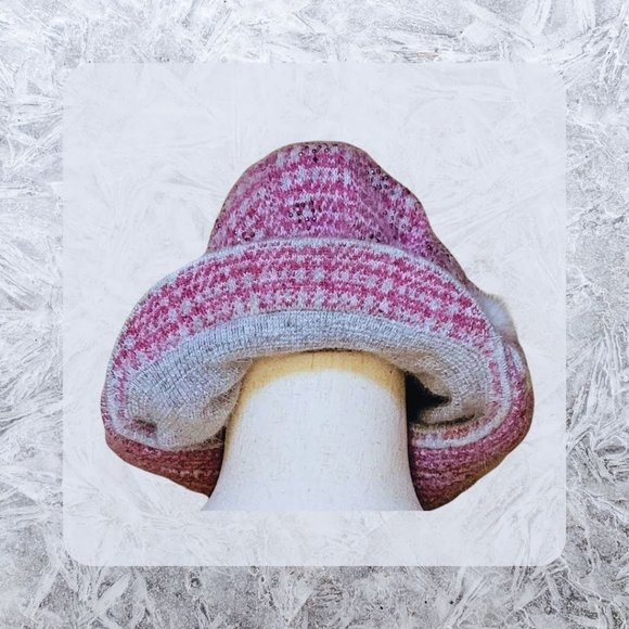 Raspberry & Grey Knit Herringbone Baker Boy Hat accent on side sparkles in Front - Picture 6 of 11